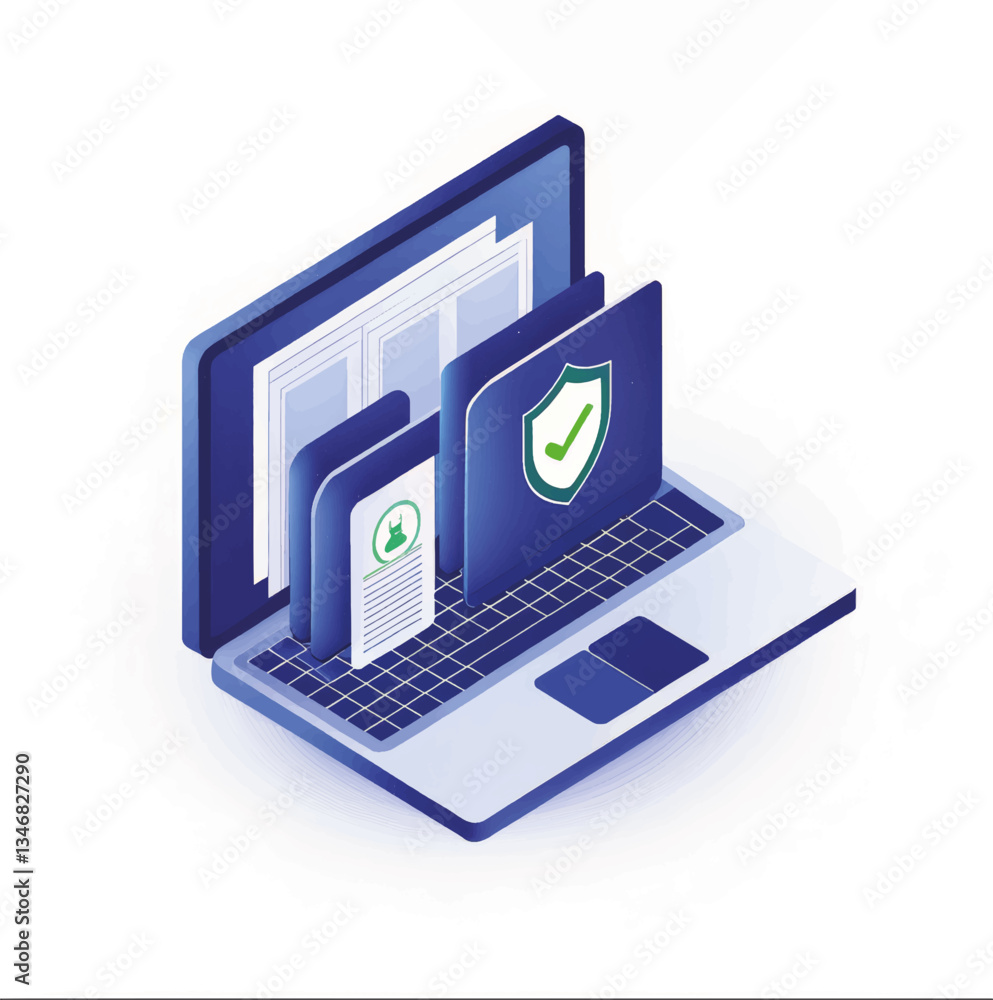 Poster digital laptop with security icons and documents displayed
