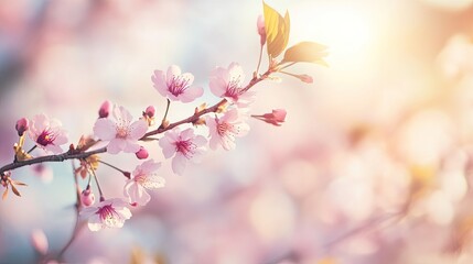 Delicate Cherry Blossom Branch Bathed in Soft Morning Light