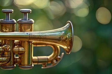 A gleaming golden trumpet, possibly antique, rests outdoors in a softly blurred green background.