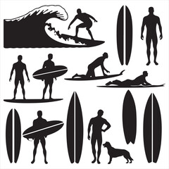 set of vector various surfer , man, women vector silhouette