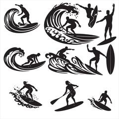 set of vector various surfer , man, women vector silhouette