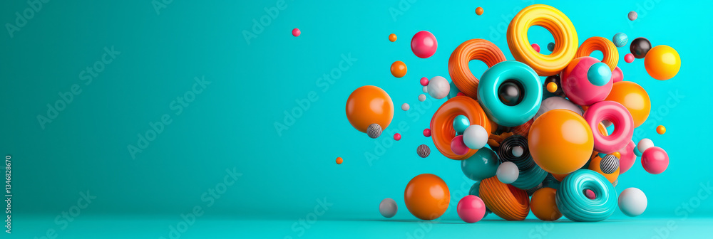 Poster a playful, dynamic image of floating balloon-like letters and numbers, creating an abstract