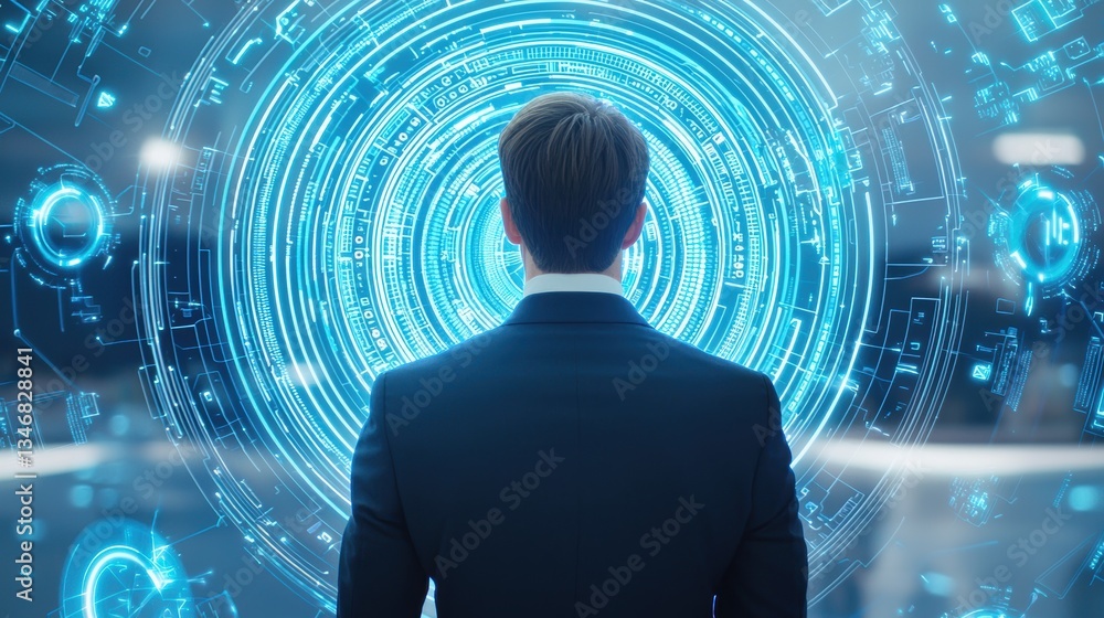 Aufkleber a man in a suit stands before a digital, futuristic interface, surrounded by glowing blue patterns a
