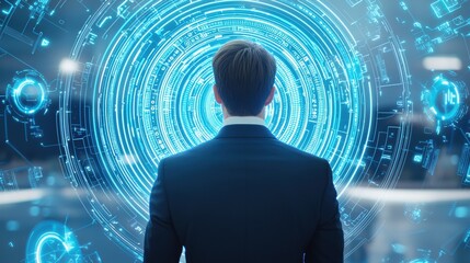 A man in a suit stands before a digital, futuristic interface, surrounded by glowing blue patterns and data visualization elements.