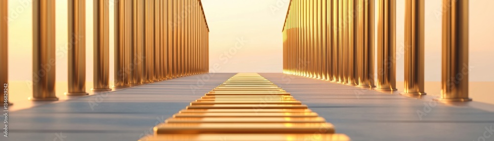 Poster a serene pathway lined with golden pillars leading towards a bright horizon, creating a sense of dep