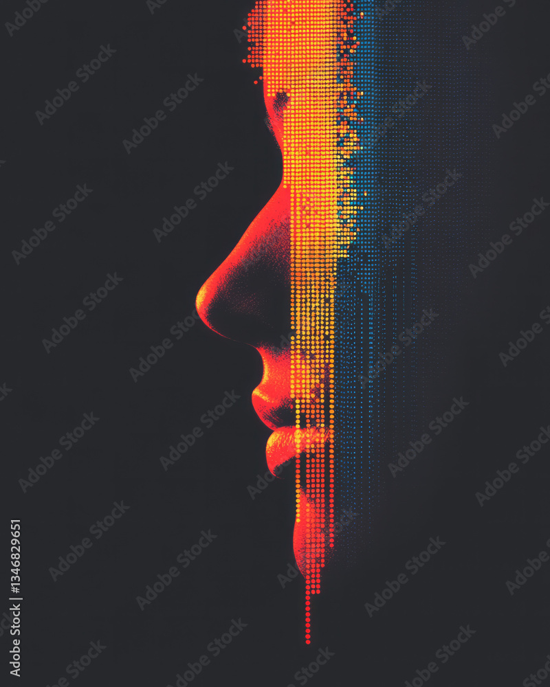 Poster a futuristic abstract face appearing to be generated by data streams, with soft vertical neon