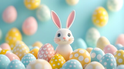 Cute Easter Bunny Surrounded by Colorful Decorated Eggs on Pastel Background