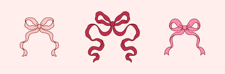 Pink Coquette Bow Set. Vector Retro Ribbons Illustration. Bowknot for Print, Patterns, Postcard, Valentines Cards, Menu, Wedding Invitations, Poster, Branding and Logo.