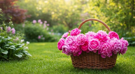 春の光輝くピンクのバラ 溢れる花かご 緑の芝生