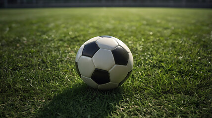 Fototapeta premium Classic Black and White Soccer Ball on Green Grass Field – Sports Background Soccer Ball Resting on a Lush Green Field – Perfect Game Moment Close-Up of a Traditional Football on Grass – Outdoor Sport