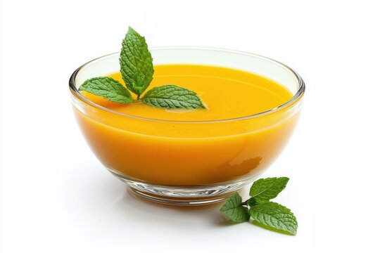 Creamy squash soup in a glass bowl garnished with fresh mint leaves for a healthy and colorful dish