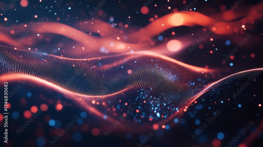 Poster abstract red and blue glowing particles wave background.