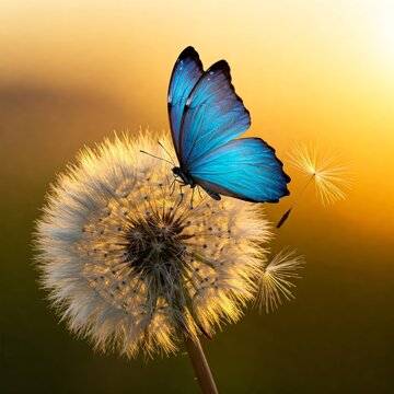 Fototapeta Blue morpho butterfly and dandelion. Seeds of a dandelion flower on a background of sunrise.