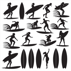set of vector various surfer , man, women vector silhouette