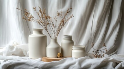 Minimalist White Vases with Dried Flowers on Soft Fabric Background in Natural Light