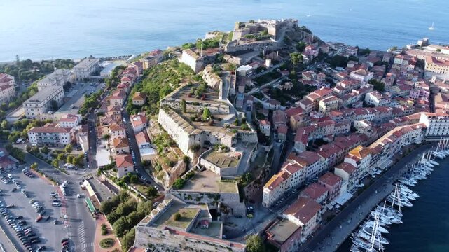 aerial view of Portoferraio harbor and Falcone fort also called Portoferraio castle. Portoferraio, Elba island, Livorno, Italy