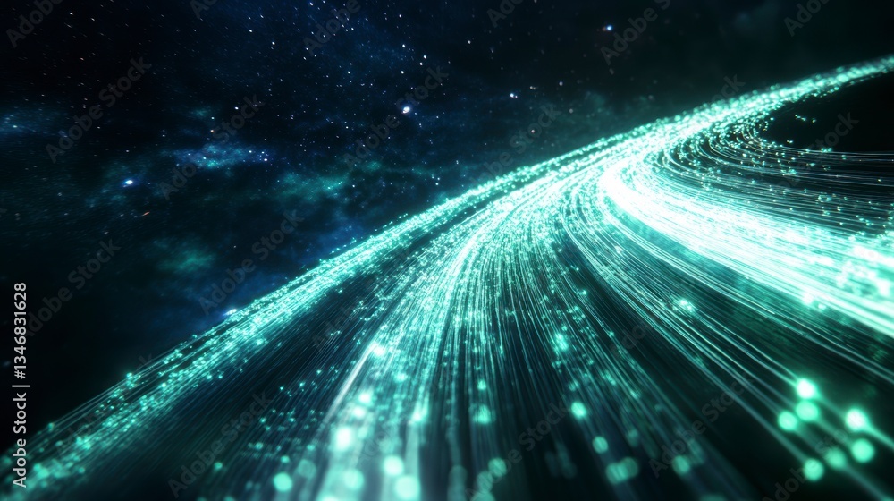 Poster abstract glowing turquoise light trails curve through dark space, resembling a futuristic highway or