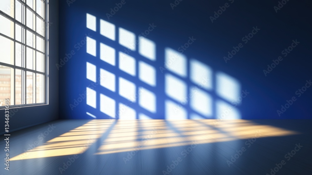 Poster sunlight streaming through large window creating beautiful grid shadows on deep blue wall and light 