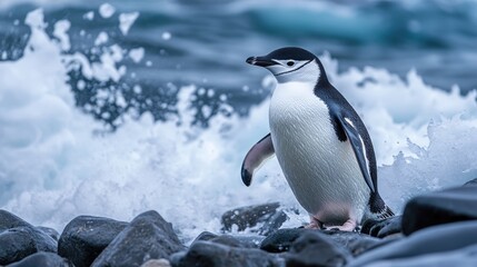 Fototapeta premium Majestic Penguin Standing on Rocky Shore with Ocean Waves Crashing