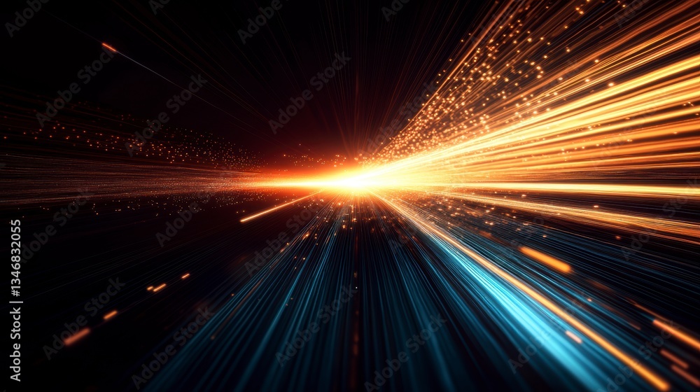 Poster abstract light streaks and particles radiating from a central point, creating a sense of speed and e