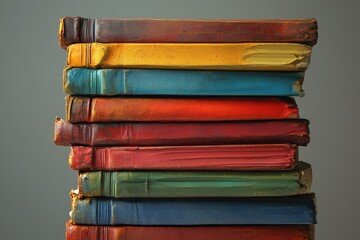 A stack of vintage books with worn, colorful covers, showing age and history.