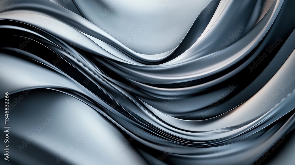Poster abstract close-up of flowing metallic silver and dark grey waves creating a dynamic swirling pattern
