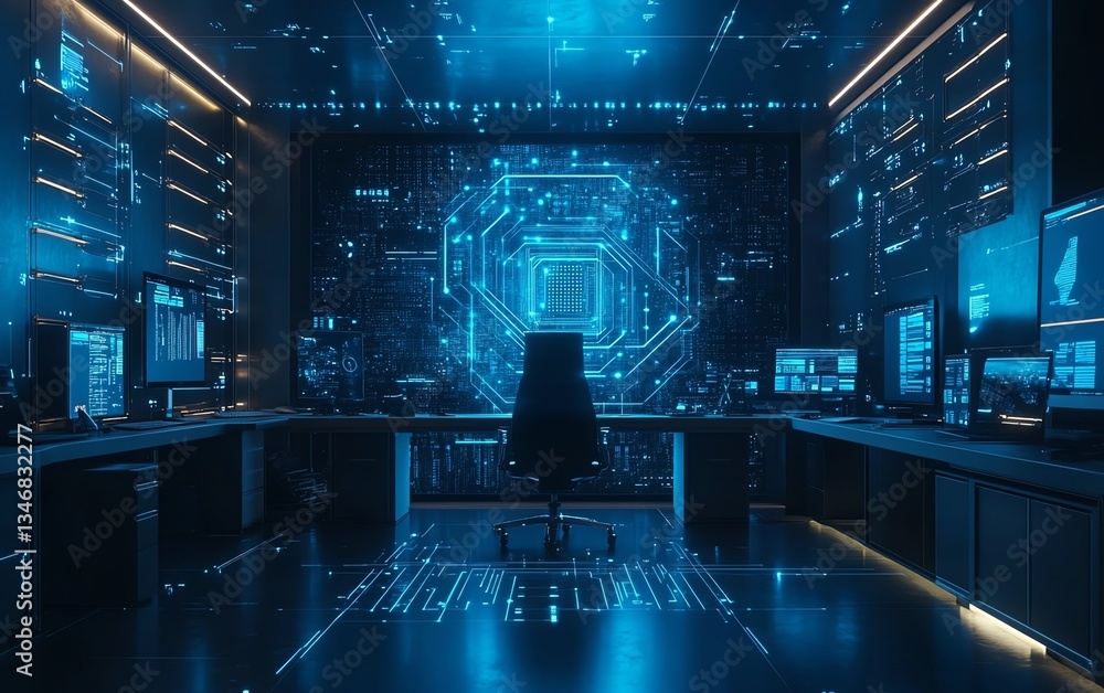 Aufkleber office workspace with ai circuits overlay, digital technology theme, sleek futuristic setup for mode
