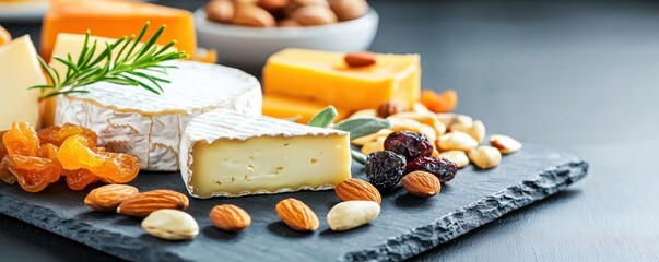 Fototapeta premium Appetizing Cheese Assortment Displayed on a Slate Serving Board Surrounded by Nuts and Dried Fruits