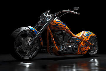 Custom Chopper in Flames:  A gleaming custom-built chopper motorcycle, emblazoned with bold flame graphics, sits prominently against a dramatic dark backdrop.  The intricate chrome detailing.
