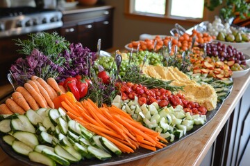 Colorful vegetable and fruit platter arrangement with carrots zucchini grapes and dip for healthy eating nutrition concept