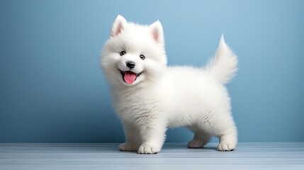 Adorable white puppy standing against a pastel blue background