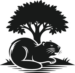 Beaver resting under a tree and tail flicking vector silhouette