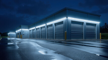 Obraz premium modern storage facility illuminated at night, showcasing sleek metal design and reflective surfaces