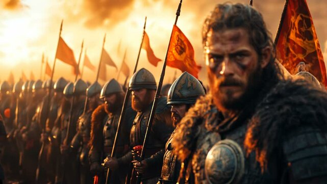 An Epic Viking Warrior Proudly Leading His Fearless Army Into a Fierce Battle on a Dramatic Battlefield Landscape