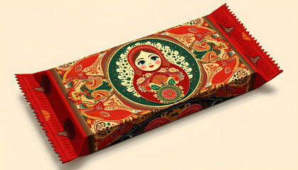  Vector drawing of a chocolate bar packed in a bright package with traditional Russian ornament and Matryoshka doll image. The main colors are red, gold and green, symbolizing folk motifs.