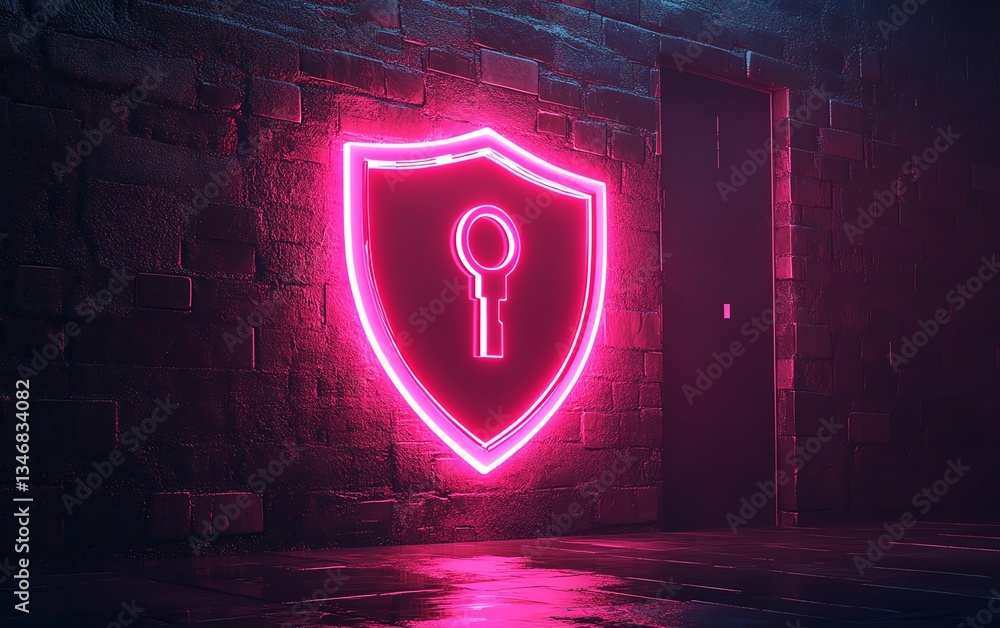 Poster 3d rendered digital shield with keyhole, sleek neon glow, symbolizing data encryption and cybersecur