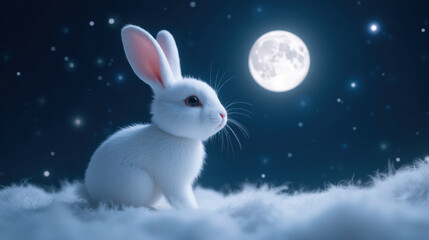 cute white rabbit sits on soft clouds under bright full moon, surrounded by twinkling stars, creating serene night scene