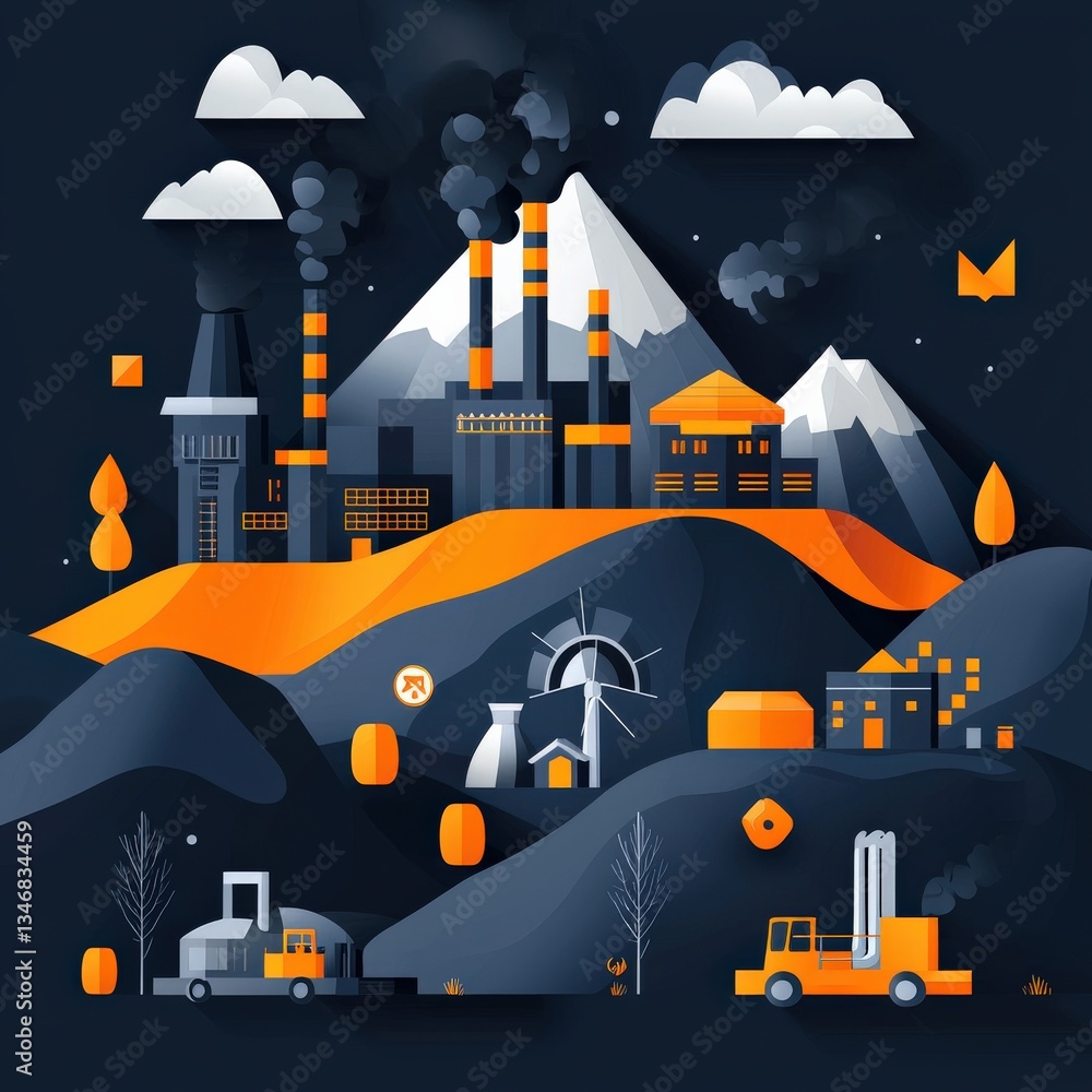 Aufkleber a coal-powered factory with an infographic showing fossil fuel dependency rates.