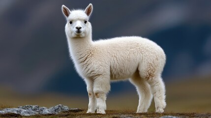 Fototapeta premium Fluffy white alpaca stands alert