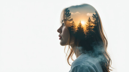 Naklejka premium serene woman with double exposure effect, featuring sunset and trees in her silhouette, evokes sense of tranquility and reflection