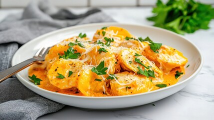 Delicious butternut squash gnocchi in creamy sauce topped with parmesan and parsley elegant presentation