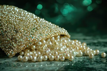 A golden, pearl-encrusted pouch spills forth creamy pearls onto a dark surface, creating a luxurious and elegant scene.