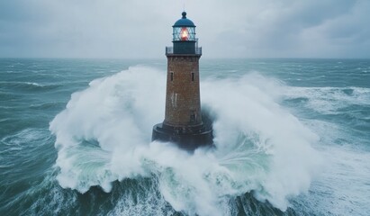 Lighthouse Under Attack Powerful Ocean Waves Crashing Dramatic Coastal Scene