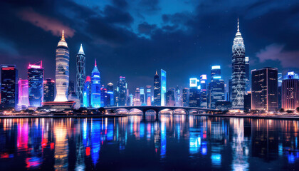 Obraz premium Night Cityscape Reflection: Illuminated Skyscrapers and City Lights