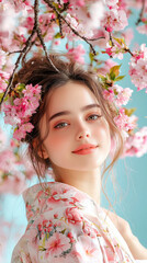 Fototapeta premium serene portrait of young woman wearing floral kimono, surrounded by blooming cherry blossoms. Her gentle smile and soft features evoke sense of tranquility and beauty