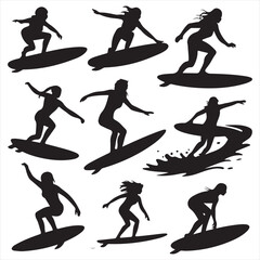 set of vector various surfer , man, women vector silhouette