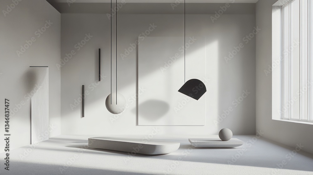 Poster clean minimalist modern interior with floating geometric shapes and light through window design conc