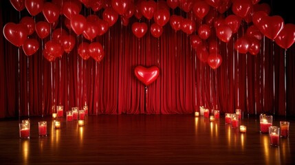 A romantic setting adorned with red heart-shaped balloons, candles, and red curtains, creating a warm and inviting atmosphere.