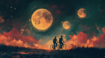 Fototapeta premium Cosmic Reverie: Amidst a breathtaking display of celestial wonder, two figures on bicycles traverse a fantastical landscape, bathed in the ethereal glow of multiple moons and starlit skies.