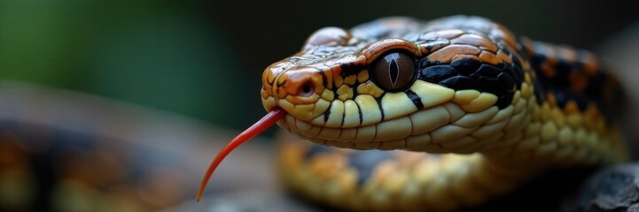 Fototapeta premium Snake's face closeup with vertical pupils and forked tongue out, sss sound effect, reptile features